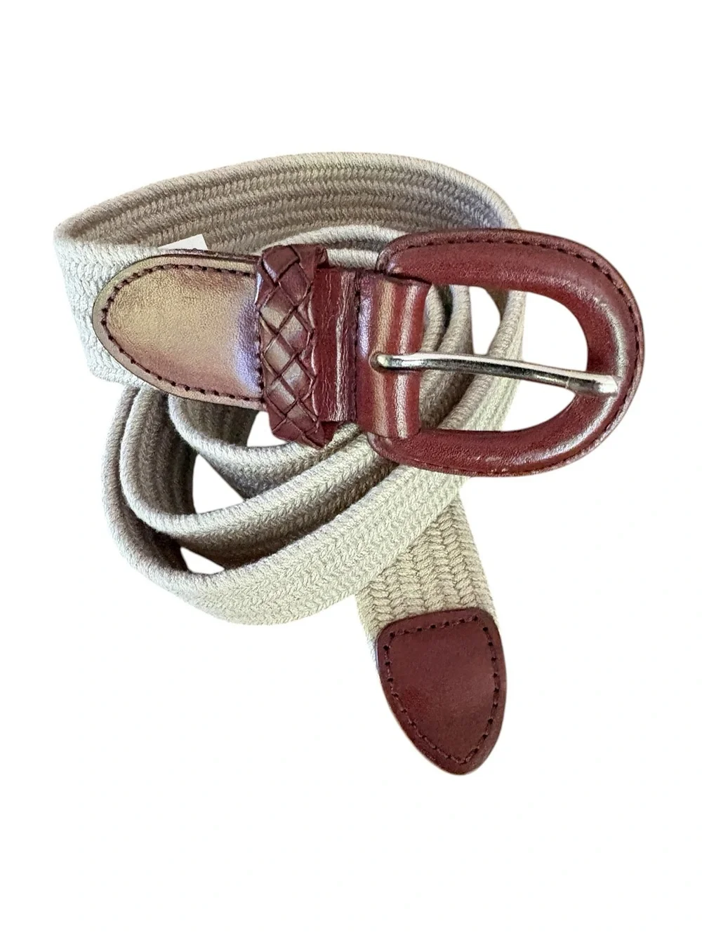 Talbots Vintage Leather Trim  Woven Stretch Khaki Tan Belt Sz L